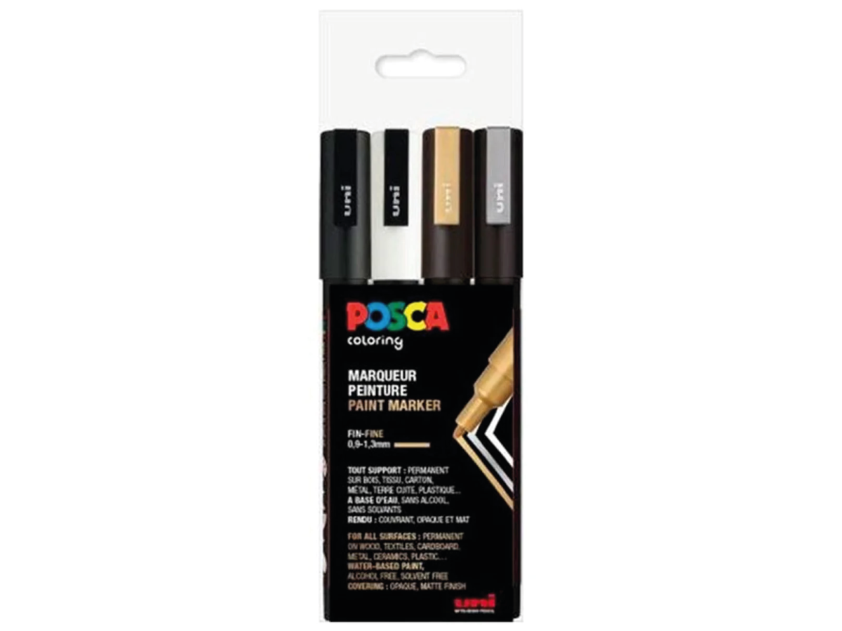 UNI POSCA MARKERSET PC3M/4A 4X GOLD-SILBER-WEIß-SCHWARZ 1