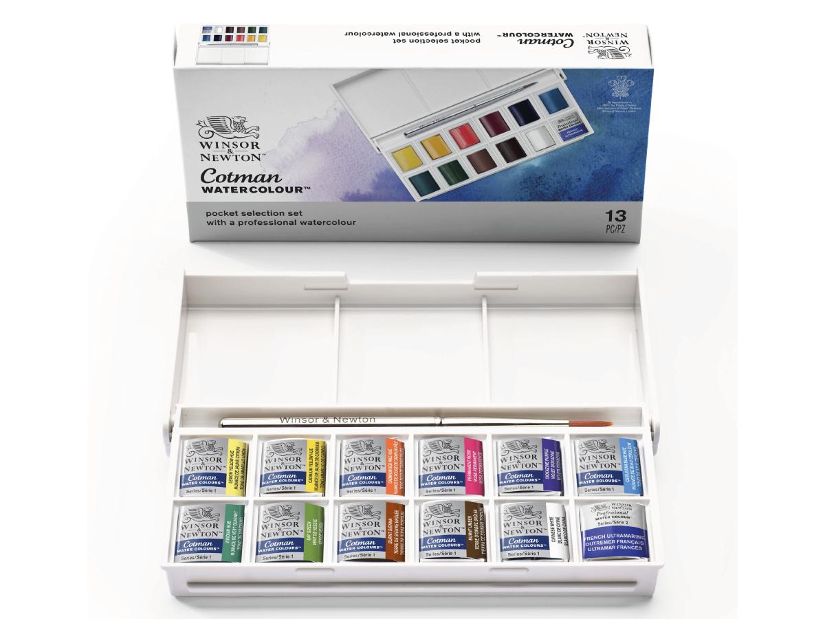 WINSOR & NEWTON COTMAN AQUARELL TASCHENSET BOX 12X 1/2NAPF + PINSEL 1