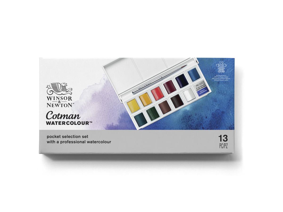 WINSOR & NEWTON COTMAN AQUARELL TASCHENSET BOX 12X 1/2NAPF + PINSEL 2