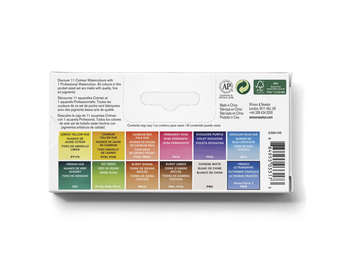 WINSOR & NEWTON COTMAN AQUARELL TASCHENSET BOX 12X 1/2NAPF + PINSEL 3
