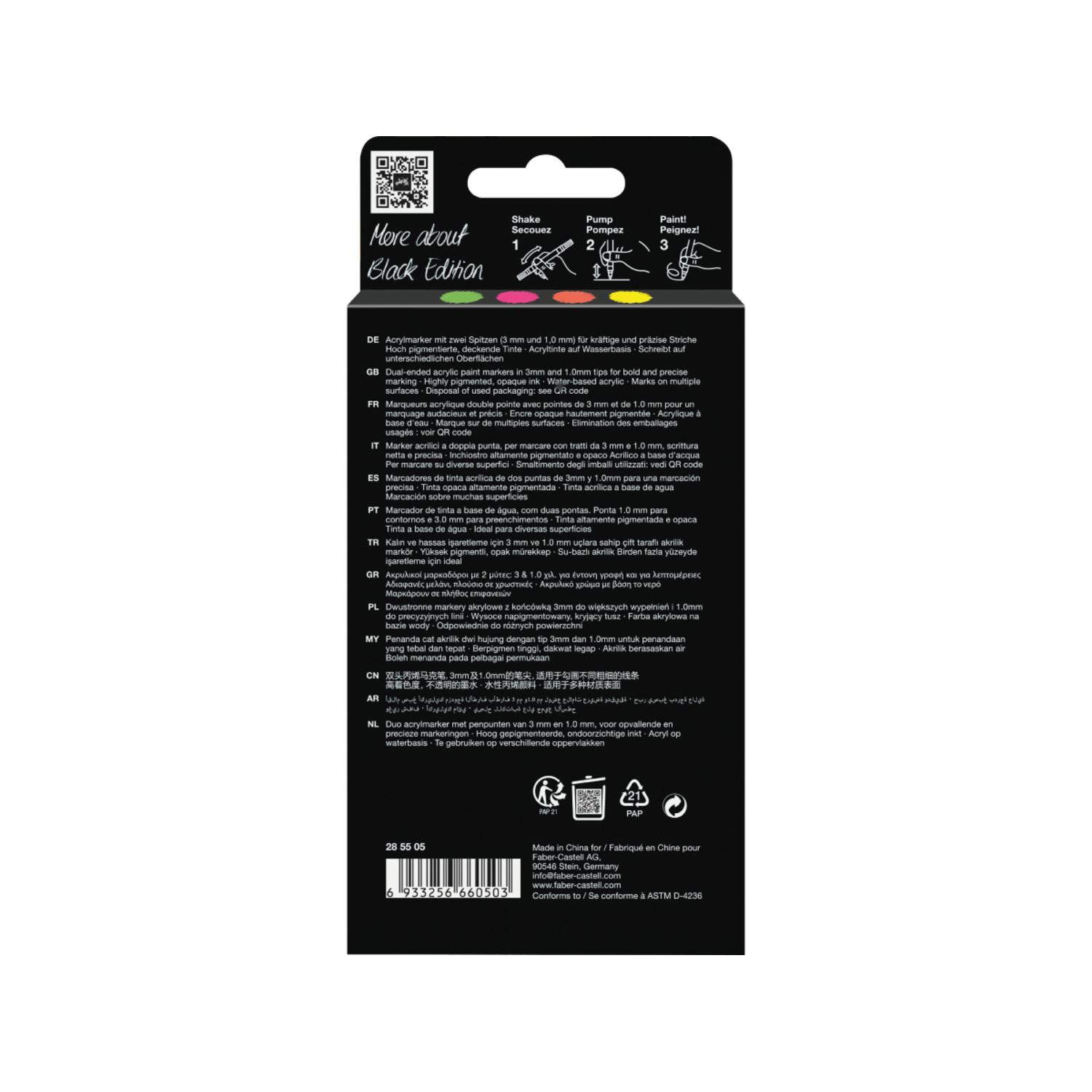 FABER-CASTELL SHAKE & PAINT BLACK EDITION ACRYLIC MARKERSET NEON 4X 3