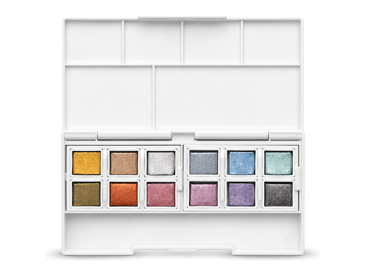 DERWENT METALLIC AQUARELL REISE-SET 1 12 NÄPFCHEN + WASSERTANKPINSEL 2